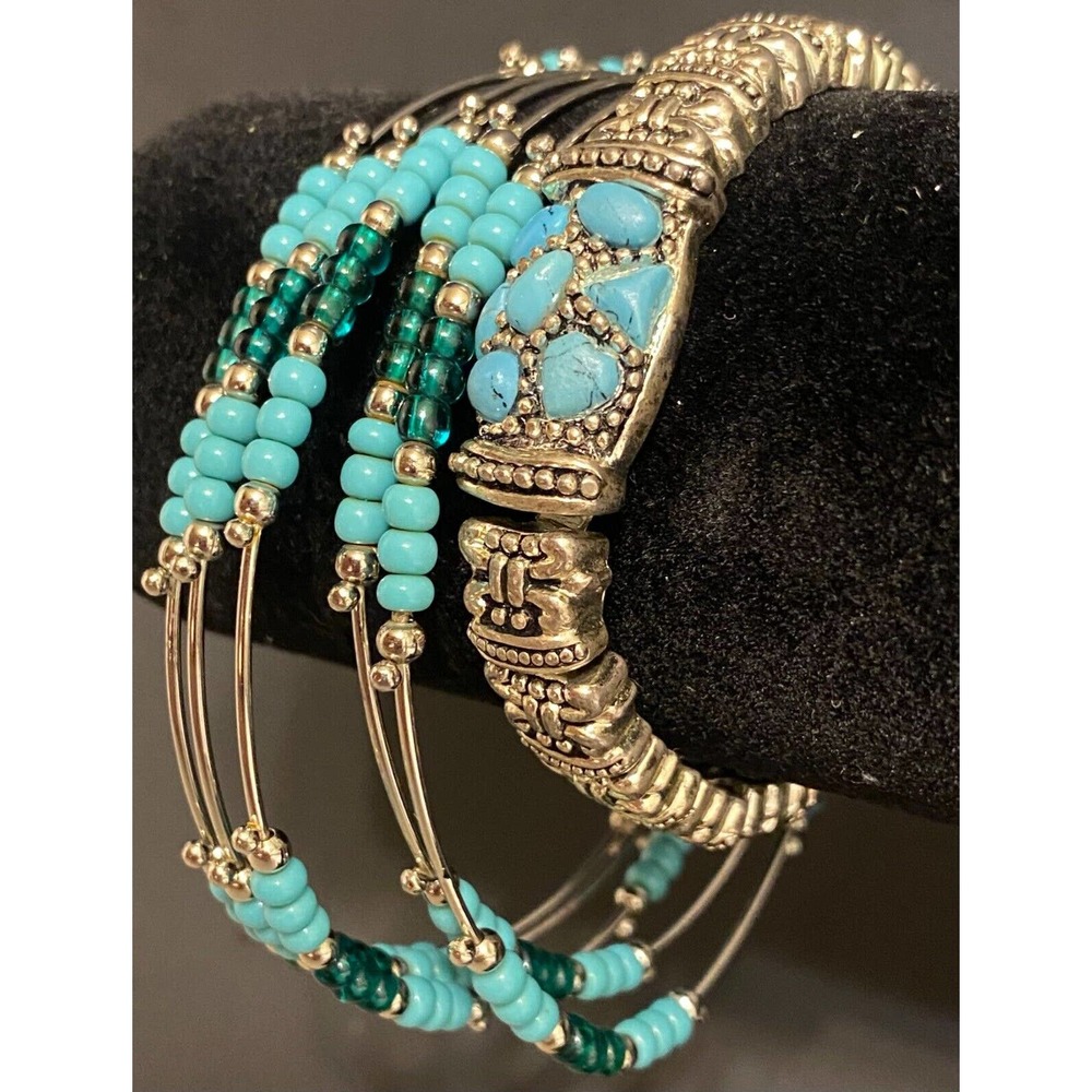 Turquoise Blue Silver Tone Stackable Bracelet Set - image 3